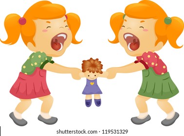 Illustration of Twin Sisters Fighting Over a Doll