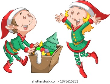The illustration of the twins elf are using the green Christmas costume and holding a box of the Christmas tree decoration