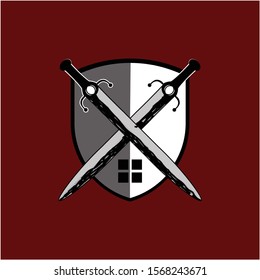 Illustration twins swords and house in the shape shield icon logo vector