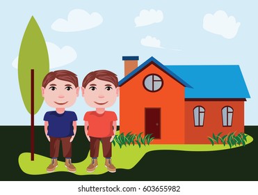 illustration twins teenagers on a background of a cozy home