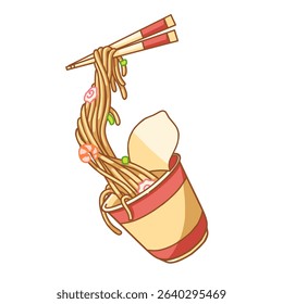 illustration of twisted noodles with shrimp and crispy vegetable toppings pulled up with chopsticks from a cup in vintage style against a white background