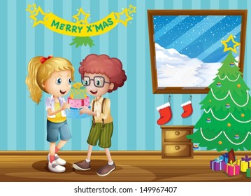 Illustration of the two adorable kids exchanging their christmas gifts