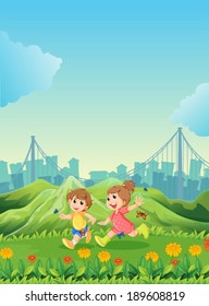 Illustration of the two adorable kids playing with the butterflies