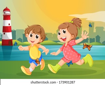 Illustration of the two adorable kids running with butterflies