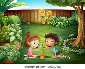 Illustration of the two adorable kids studying the ladybug at the yard