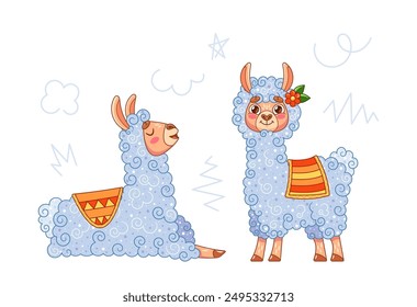 Illustration Of Two Adorable Playful Cartoon Llamas With Fluffy Coats And Colorful Saddles. One Llama Is Sitting