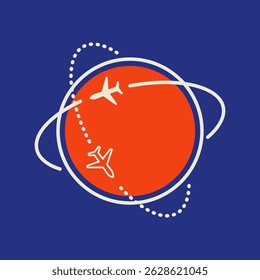 Illustration of two airplanes circling a red globe on a blue background. The planes and globe suggest travel and aviation themes. Logo element vector.