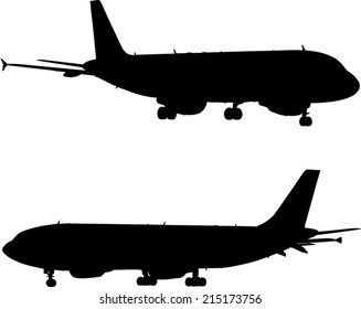 illustration with two airplanes silhouettes isolated on white background