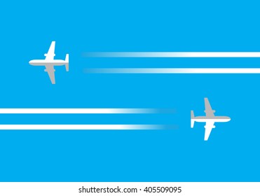 Illustration of two airplanes with trails, blue sky