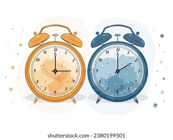 Illustration of two alarm clocks. The blue one symbolizes winter, the orange one autumn. Time adjustment symbol. Moving the hands backward from 3:00 to 2:00. Standard time and daylight saving time.