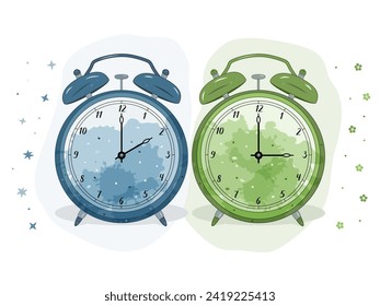 Illustration of two alarm clocks. The blue one symbolizes winter, the green one spring. Symbol of time change. Moving the hands forward from 2:00 to 3:00. Standard time and daylight saving time.