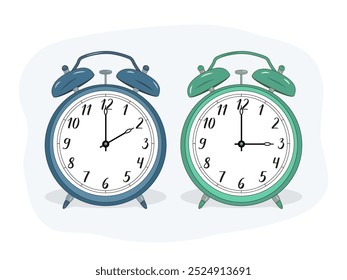 Ilustração de dois despertadores. O azul simboliza o inverno, e o verde, o verão. Símbolo de ajuste de tempo. Avançando as mãos das 2:00 às 3:00. Hora padrão e horário de verão.