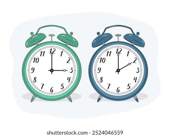 Ilustração de dois despertadores. O verde simboliza o verão, o azul o inverno. Símbolo de ajuste de tempo. Movendo as mãos para trás das 15h às 14h. Hora padrão e horário de verão.