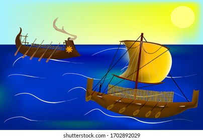 illustration of two ancient bireme ships and the ship of the Aegean Sea sail towards each other on a blue sea, against a background of blue sky and bright yellow sun