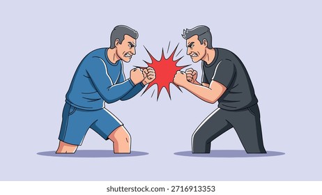 Ilustración de dos hombres enojados en una postura de lucha, uno frente al otro con los puños apretados y un gráfico de impacto rojo.