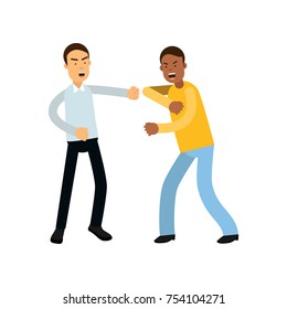 Illustration of two angry people characters in fighting pose. Man in gray shirt beats black guy in yellow sweater. Aggressive behavior and negative emotions concept. Isolated vector in flat style.