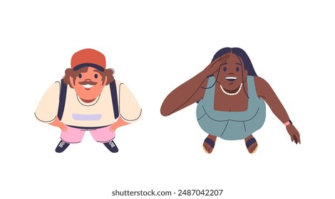 Illustration Of Two Animated Characters Looking Up With Curiosity. Vector Image Shows Individuals Displaying Expressions