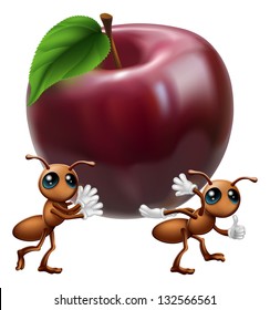 An illustration of two ant characters carrying a big apple. A conceptual illustration for teamwork or helping each other.