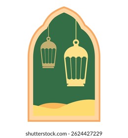 Illustration of two arabic lanterns hanging in the window overlooking the desert