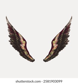 Illustration of two artistic wings with colorful details. The wings are symmetrical, featuring intricate patterns. Artistic wings on a plain background. Vintage angel wings illustration vector.