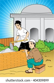 Illustration of two asian men building a mosque