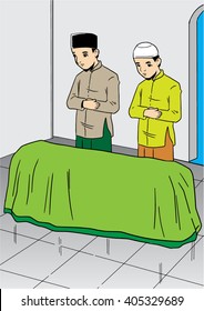 An Illustration of two asian men praying for the dead