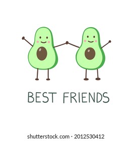 Illustration of two avocados holding hands on a white background and handwritten quote Best friends