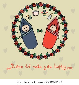 Illustration of two babies and hand draw elements in frame of flowers and title on background with hearts. For postcard, web, book illustration, design