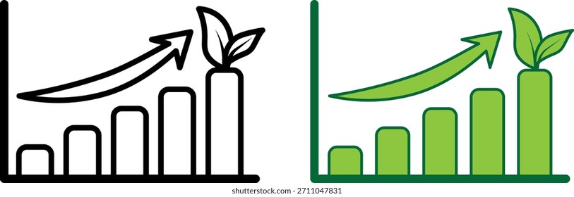Ilustración de dos gráficos de barras con flechas hacia arriba y barras coronadas de hojas, que simbolizan el crecimiento sostenible. Ideal para imágenes de eco-negocios, métricas verdes y marca de progreso ambiental.