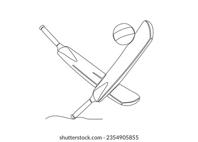 Illustration of two bats and a cricket ball. Cricket one-line drawing