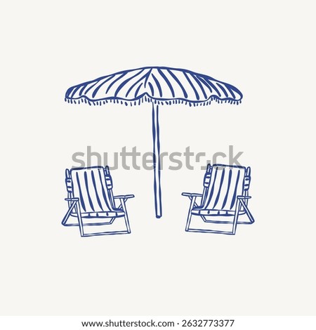 Illustration of two beach chairs and a striped umbrella. Summer vacation concept in a minimalist line art style. Hand drawn vector illustration.