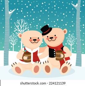 Illustration of two bears drinking beer in the winter forest