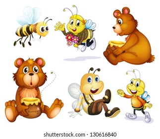 Illustration of the two bears and four bees on a white background