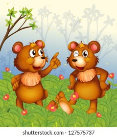 Ilustración de dos osos en el jardín
