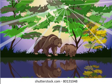 illustration with two bears near forest lake