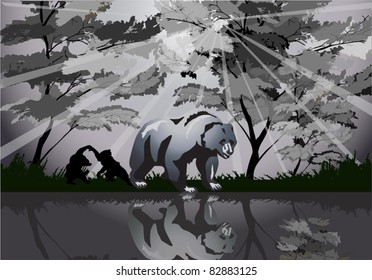 illustration with two bears near forest lake