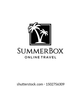 Illustration of two beautiful coconut trees beach in a box for travel agents, especially beach destinations logo design