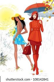 Illustration of two beautiful girls. Brunette girl in a blue dress images the summer time, and the girl in a red clothes with an umbrella images the autumn. Each girl is on a separate layer.