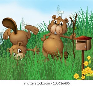 Illustration of the two beavers beside a wooden mailbox