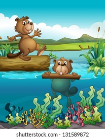 Illustration of the two beavers at the deep river