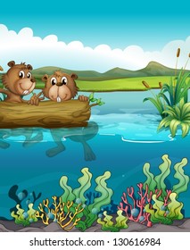 Illustration of the two beavers playing in the lake