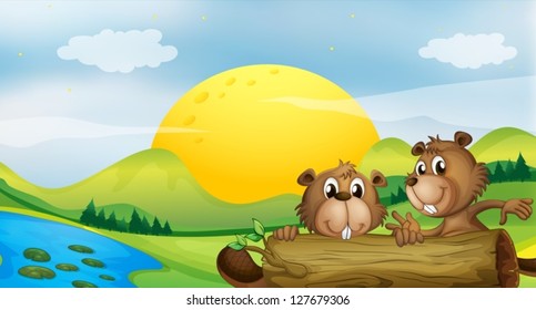 Illustration of two beavers at the riverbank