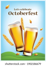 illustration of two Beer glass with farm and sky in background, wheat grains flying, Barley, oats, crop theme template 
