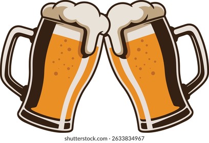 Illustration of Two Beer Mugs Clinking Together with Foam