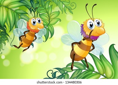Illustration of the two bees flying with many leaves
