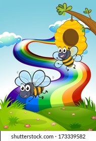 Illustration of the two bees at the hilltop and a rainbow in the sky