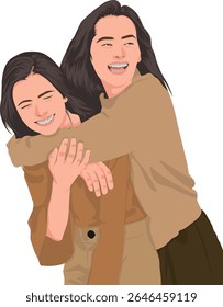 Illustration of two best friends hugging happily, expressing a warm and joyful moment of friendship. Capture happiness, connection, and laughter through their cheerful expressions and casual outfits.