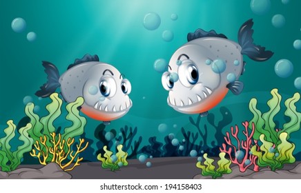 Illustration of the two big grey fishes under the sea