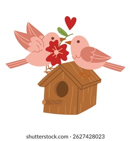 Illustration two birds in a birdhouse are in love. Meeting of lovers. Spring of flowering plants, love. Color flat illustration. Suitable for spring postcards, prints, blog design, children's books