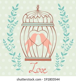 Illustration of two birds in cage